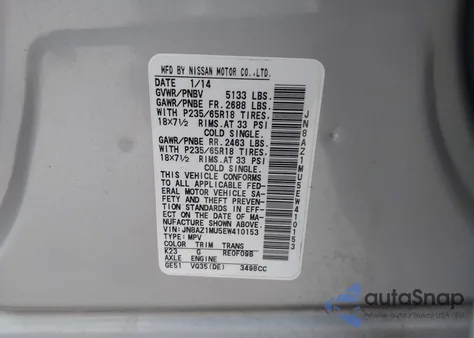 2014 Nissan Murano Le/S/Sl/Sv из США, поврежденный, VIN JN8AZ1MU5EW410153